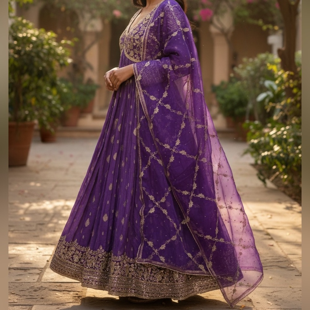 Elegant Purple Indian/Pakistani Anarkali Dress with Dupata  in Gold Accents
